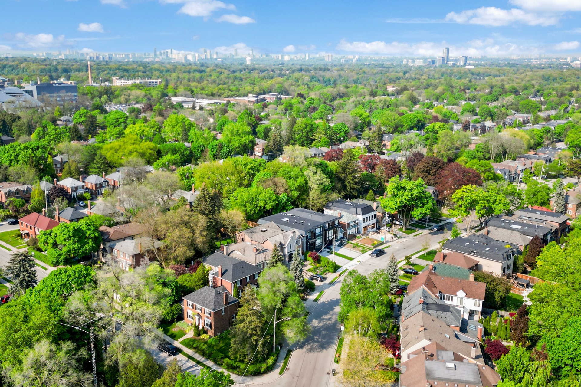 Aerial view over the Leaside neighbourhood of Toronto